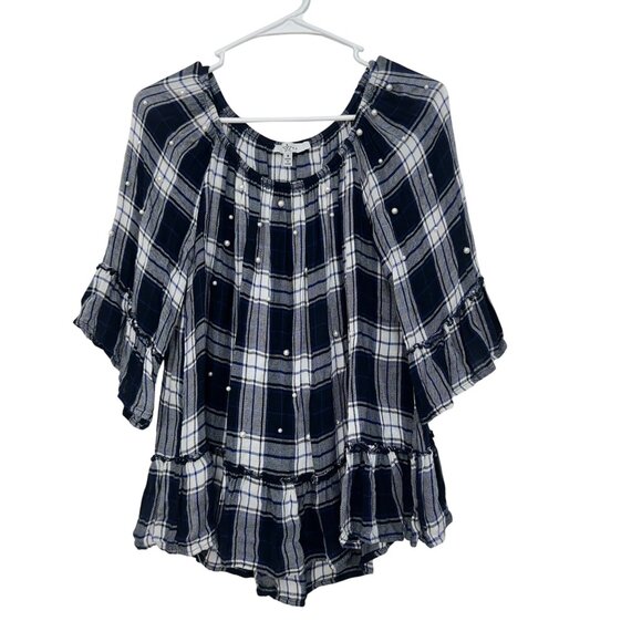 Fever Womens Plaid Ruffle Top W/ Pearl Embellishments Size 8 Rayon Navy & White - Picture 1 of 8